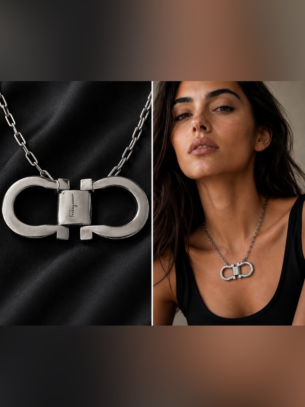 Salvatore Ferragamo Necklace Silver Gancini Hardware 16”